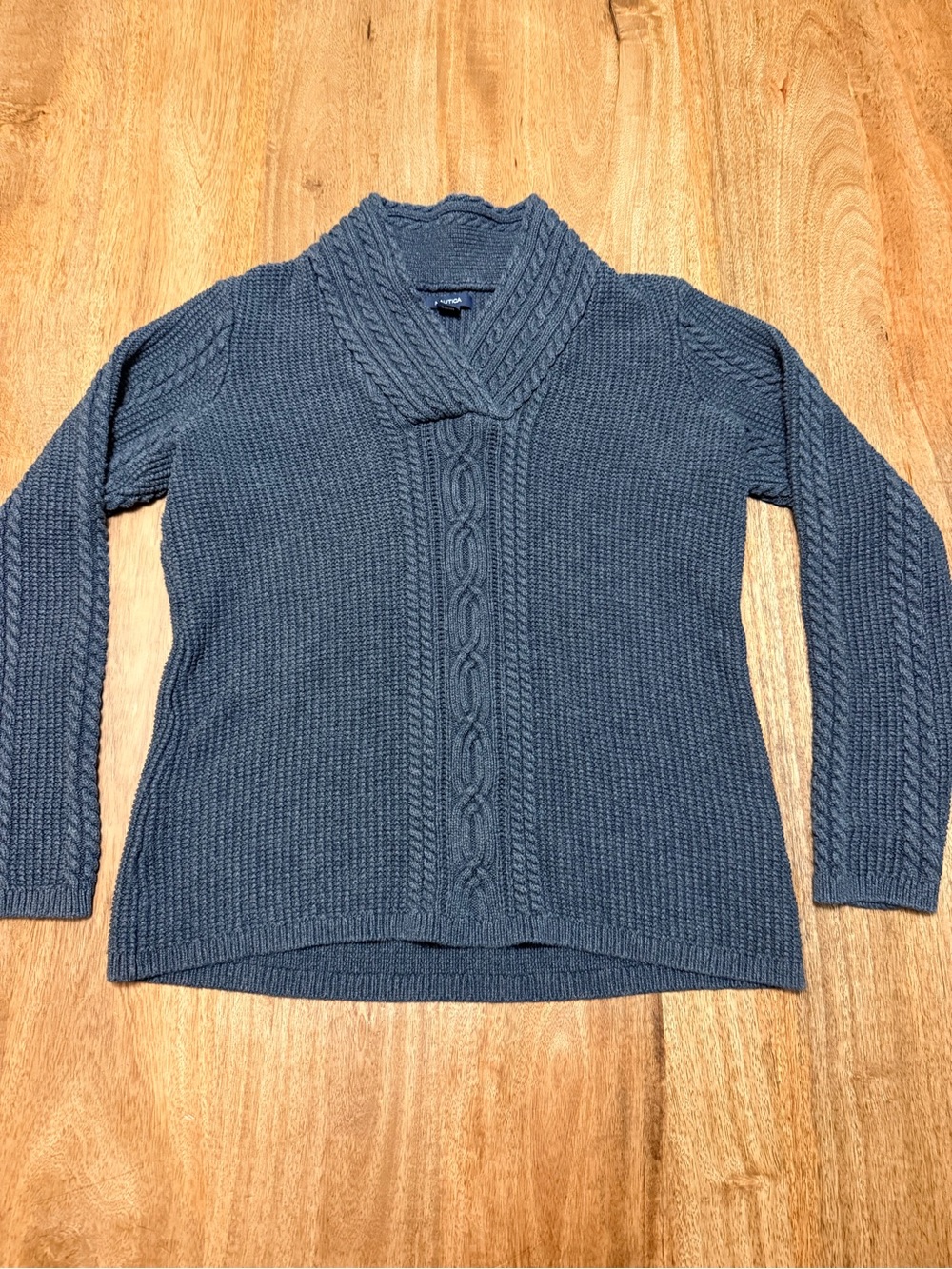 Nautica Slate Blue Cable-Knit Shawl Collar Sweater